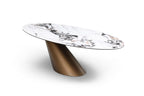 94" Gold Gray White And Bronze Ceramic Glass And Steel Pedestal Base Oval Dining Table