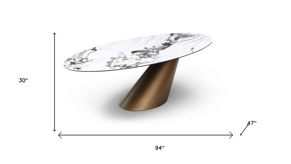 94" Gold Gray White And Bronze Ceramic Glass And Steel Pedestal Base Oval Dining Table