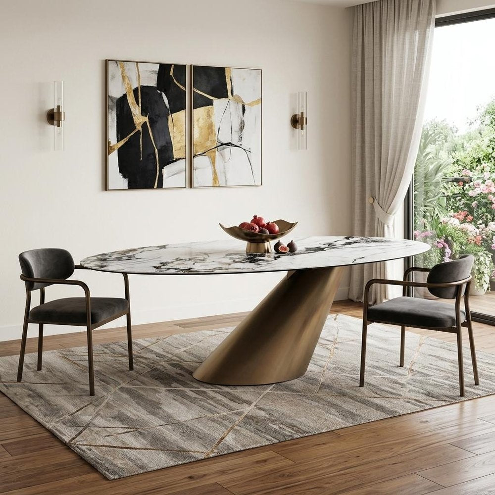 94" Gold Gray White And Bronze Ceramic Glass And Steel Pedestal Base Oval Dining Table