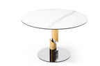 47" White Gold And Silver Ceramic Glass And Stainless Steel Pedestal Base Round Top Dining Table