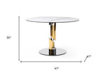 47" White Gold And Silver Ceramic Glass And Stainless Steel Pedestal Base Round Top Dining Table