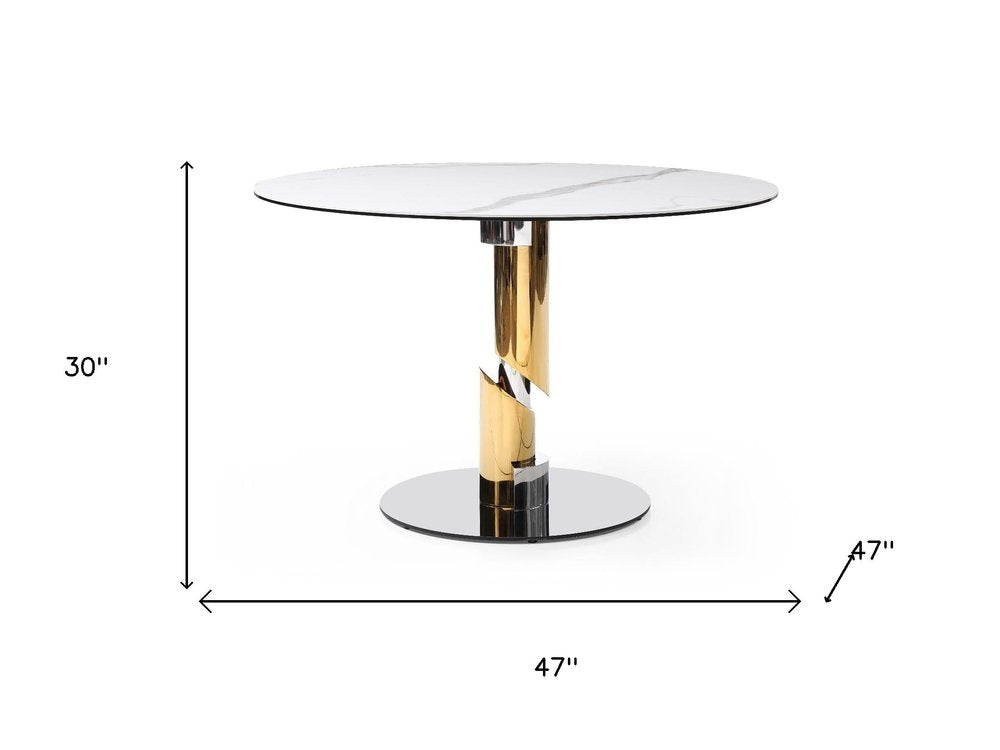 47" White Gold And Silver Ceramic Glass And Stainless Steel Pedestal Base Round Top Dining Table