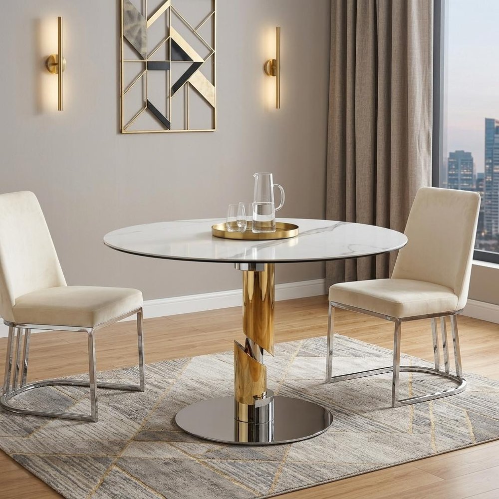 47" White Gold And Silver Ceramic Glass And Stainless Steel Pedestal Base Round Top Dining Table
