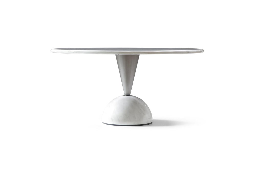 60" White And Black Marble And Stainless Steel Pedestal Base Round Top Dining Table