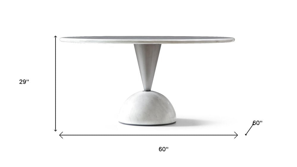60" White And Black Marble And Stainless Steel Pedestal Base Round Top Dining Table