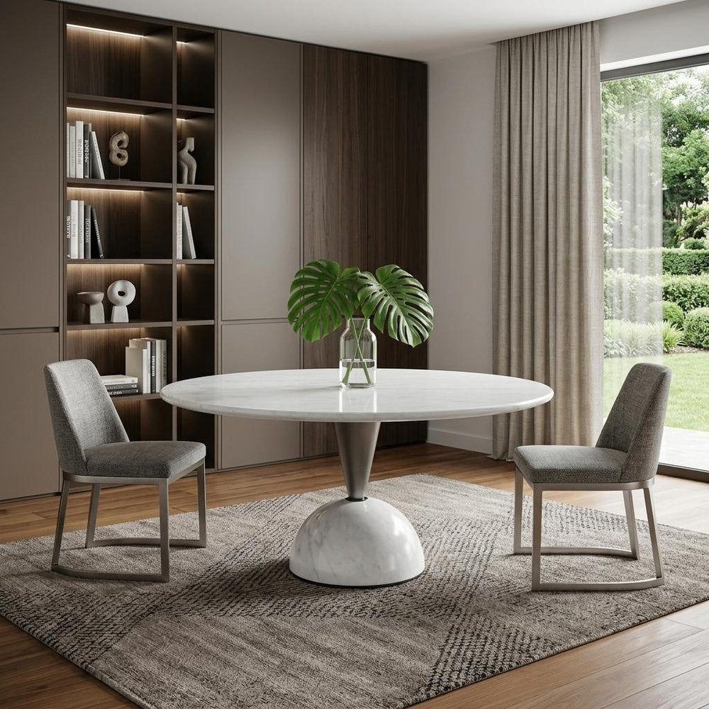 60" White And Black Marble And Stainless Steel Pedestal Base Round Top Dining Table