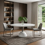60" White And Black Marble And Stainless Steel Pedestal Base Round Top Dining Table
