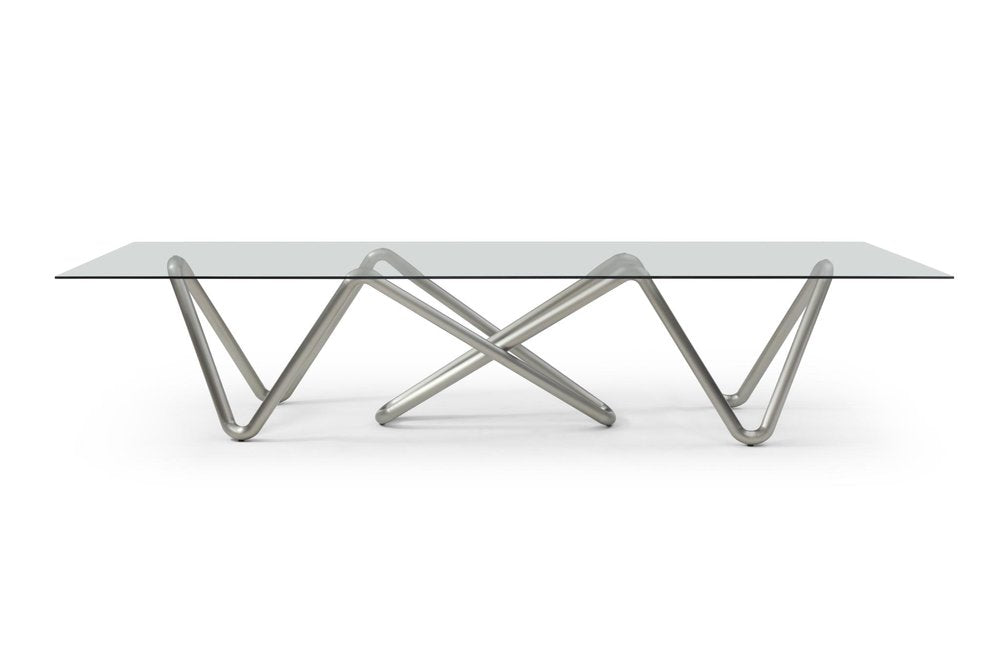 142" Clear And Nickel Glass And Stainless Steel Abstract Base Dining Table