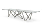 142" Clear And Nickel Glass And Stainless Steel Abstract Base Dining Table