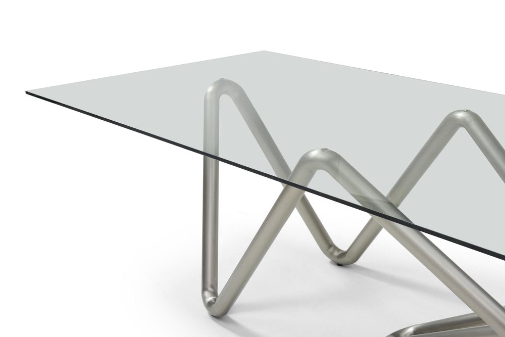 142" Clear And Nickel Glass And Stainless Steel Abstract Base Dining Table