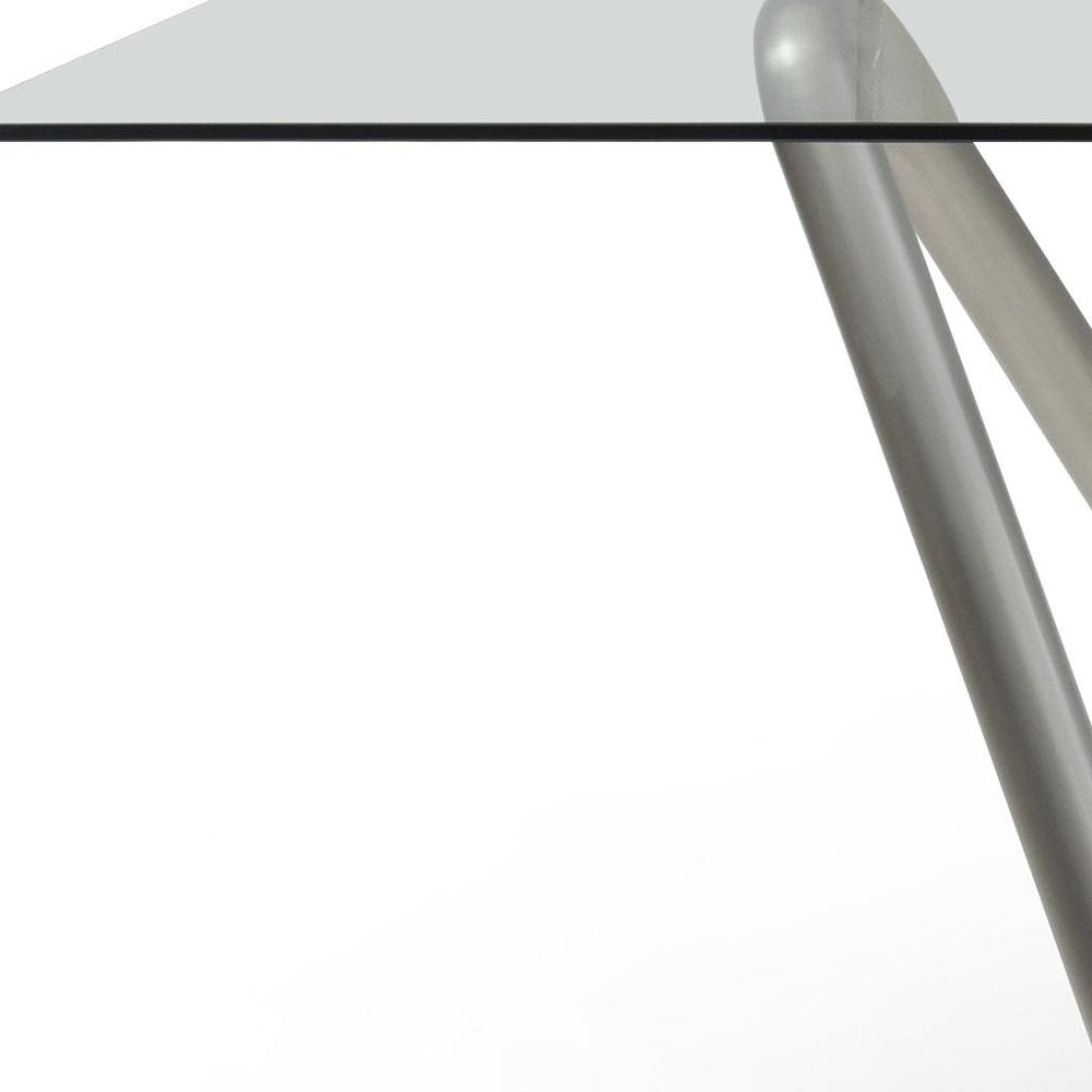 142" Clear And Nickel Glass And Stainless Steel Abstract Base Dining Table