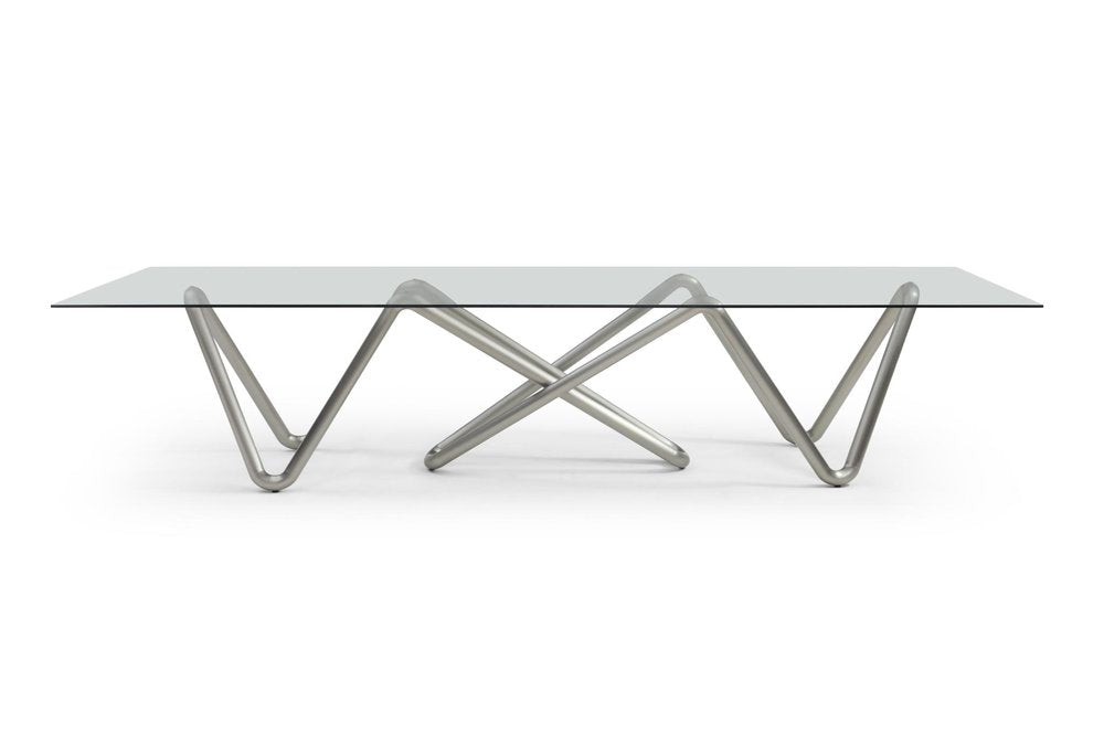 142" Clear And Nickel Glass And Stainless Steel Abstract Base Dining Table