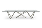 142" Clear And Nickel Glass And Stainless Steel Abstract Base Dining Table