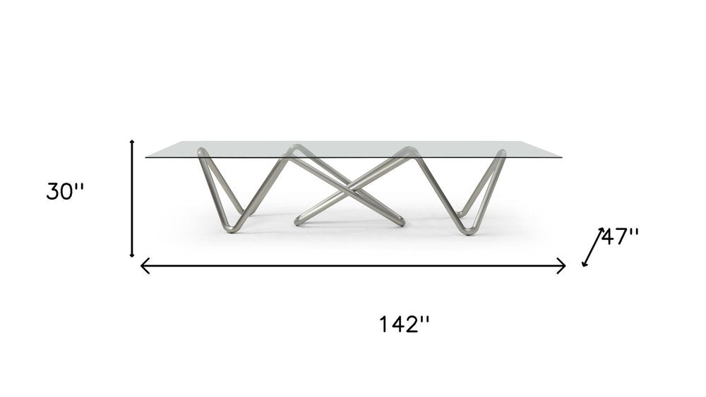 142" Clear And Nickel Glass And Stainless Steel Abstract Base Dining Table
