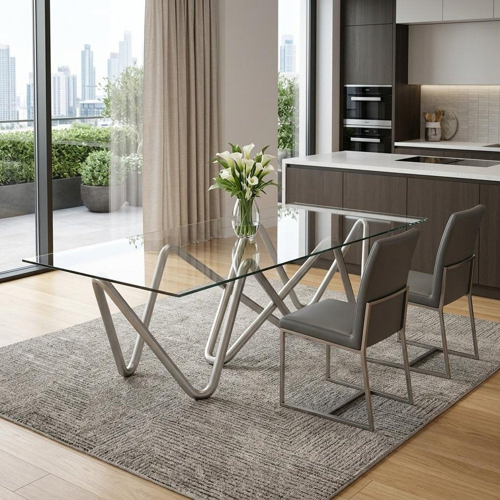 142" Clear And Nickel Glass And Stainless Steel Abstract Base Dining Table