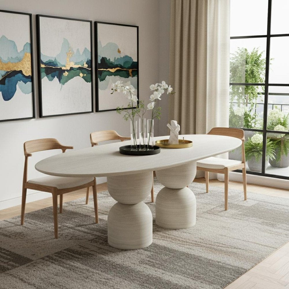 94" Beige Marble Double Pedestal Base Oval Dining Table