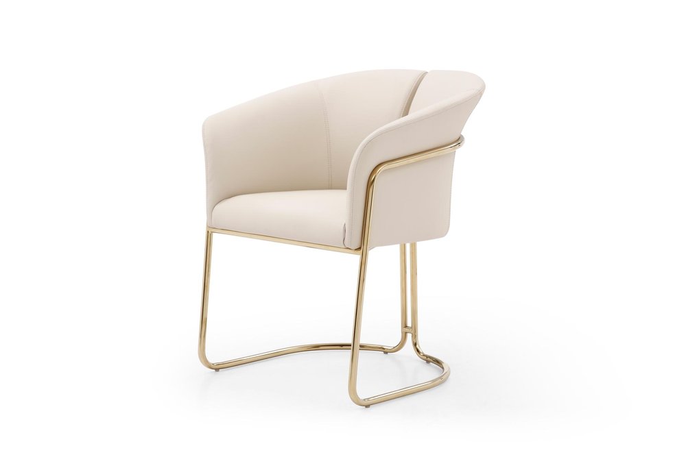 Beige and Gold Faux Leather and Metal Partially Open Back Dining Arm Chair