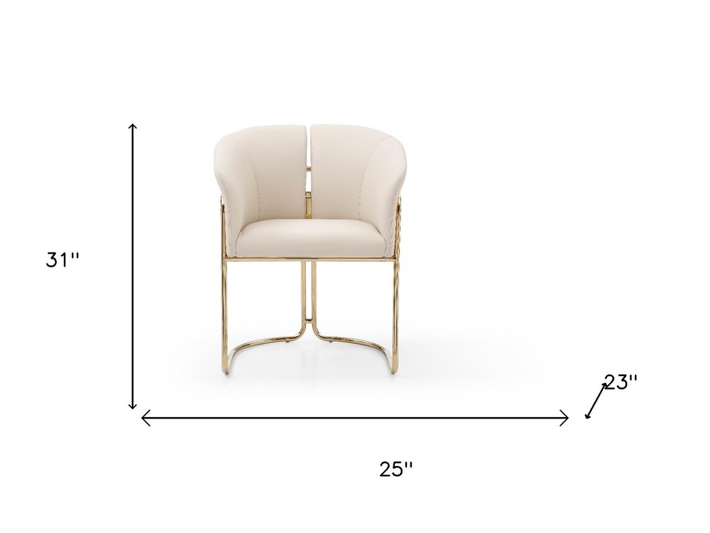 Beige and Gold Faux Leather and Metal Partially Open Back Dining Arm Chair