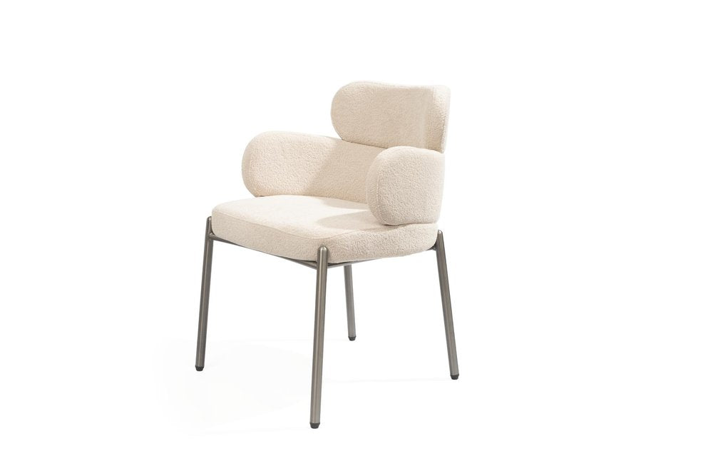 Beige and Gunmetal Boucle and Steel Dining Arm Chair
