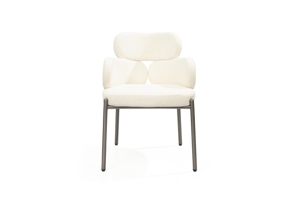 Beige and Gunmetal Boucle and Steel Dining Arm Chair