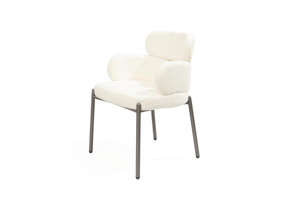 Beige and Gunmetal Boucle and Steel Dining Arm Chair
