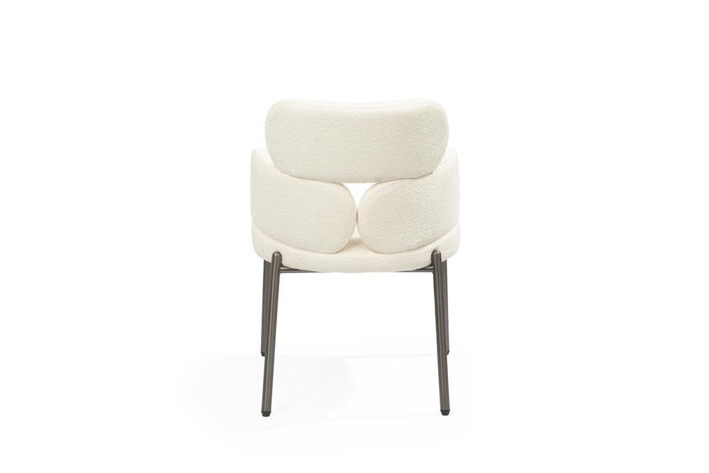 Beige and Gunmetal Boucle and Steel Dining Arm Chair