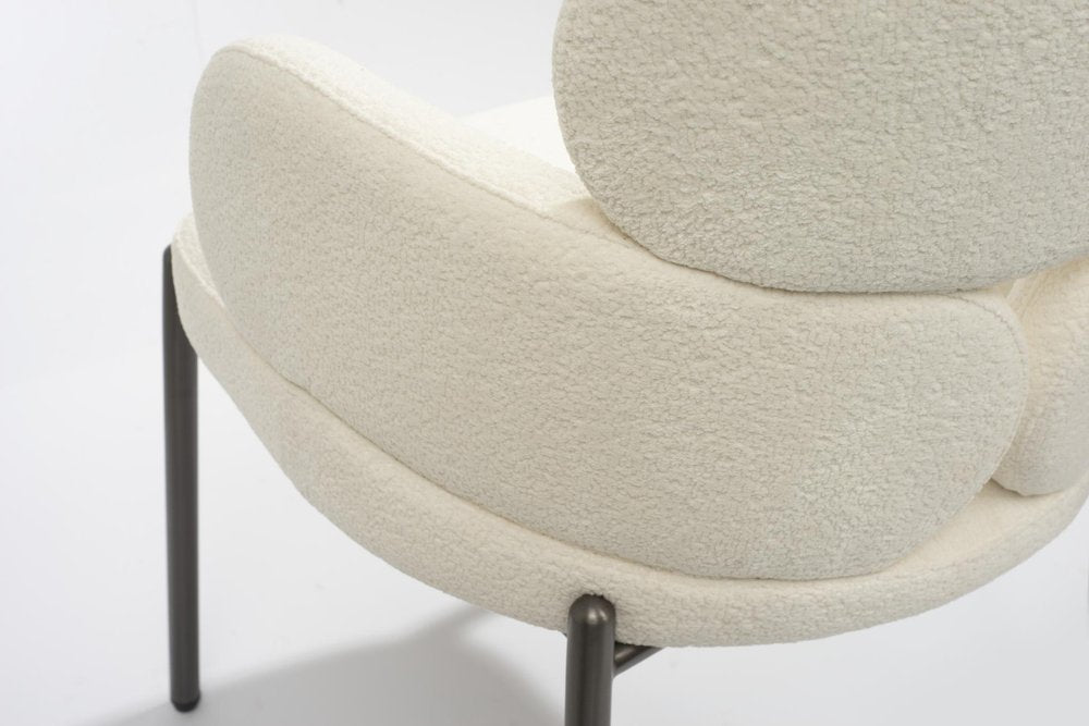 Beige and Gunmetal Boucle and Steel Dining Arm Chair