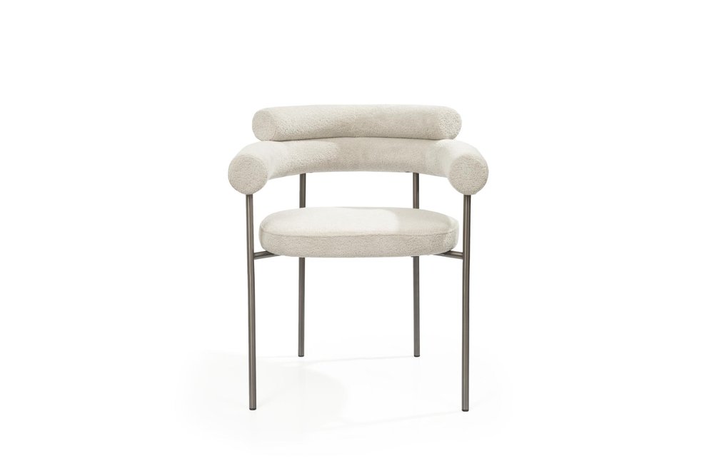 Set of Two Light Gray and Gunmetal Boucle and Stainless Steel Open Back Dining Arm Chairs