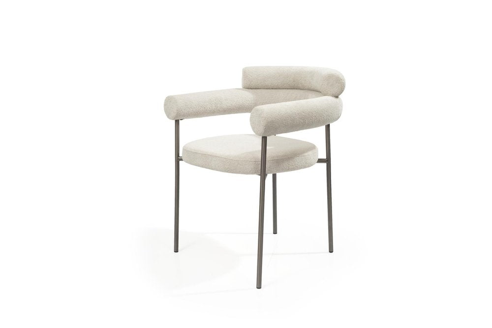 Set of Two Light Gray and Gunmetal Boucle and Stainless Steel Open Back Dining Arm Chairs
