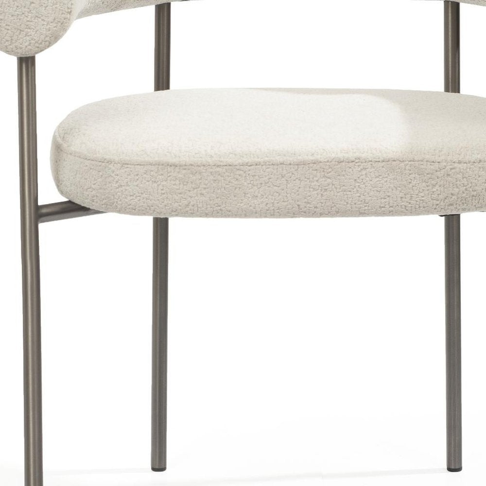 Set of Two Light Gray and Gunmetal Boucle and Stainless Steel Open Back Dining Arm Chairs