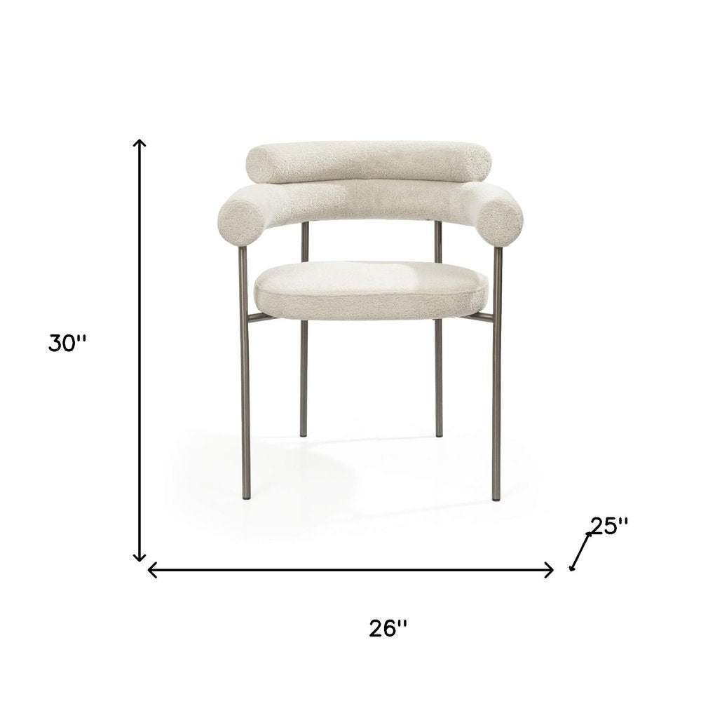 Set of Two Light Gray and Gunmetal Boucle and Stainless Steel Open Back Dining Arm Chairs