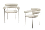 Set of Two Light Gray and Gunmetal Boucle and Stainless Steel Open Back Dining Arm Chairs