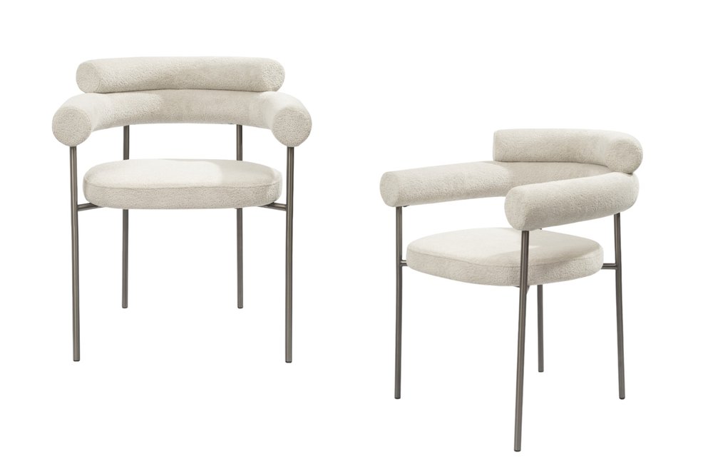 Set of Two Light Gray and Gunmetal Boucle and Stainless Steel Open Back Dining Arm Chairs