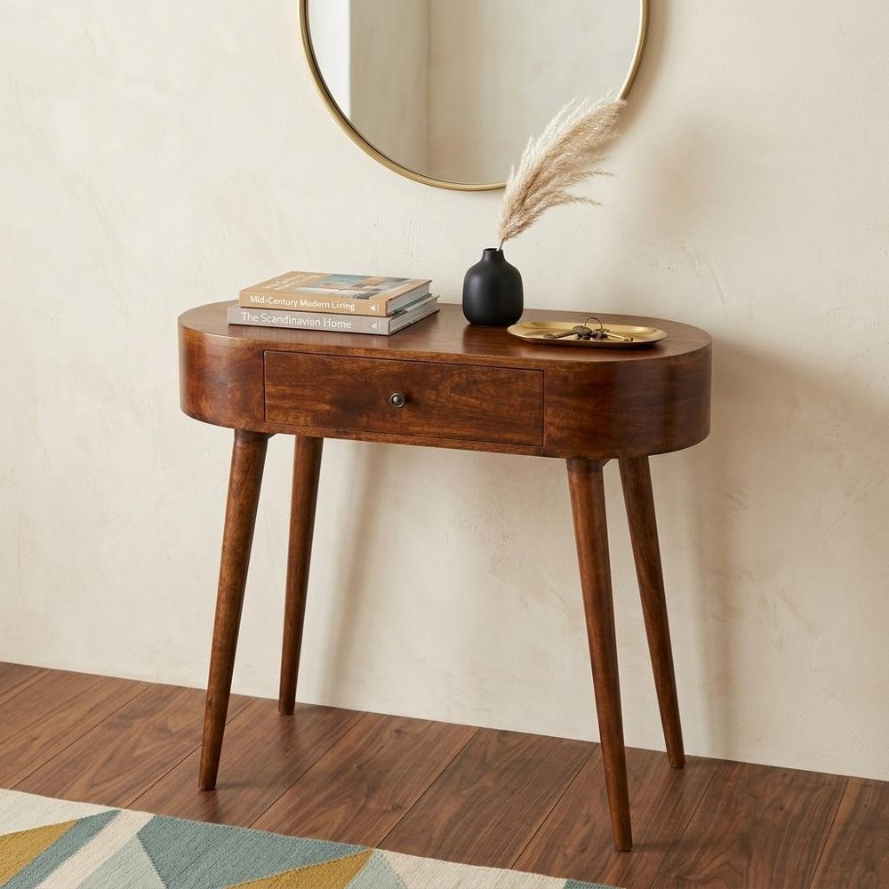 32" Chestnut Solid Wood Oval Console Table With Drawer