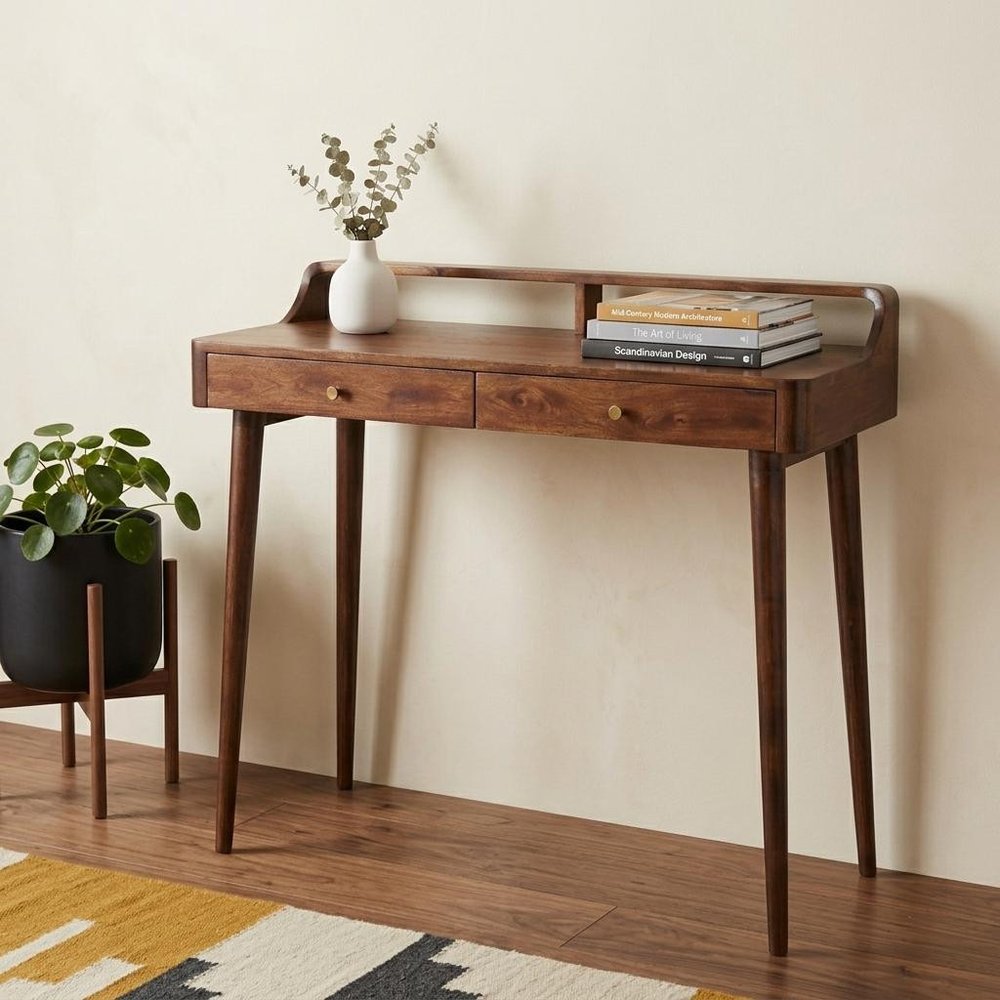 39" Chestnut Solid Wood Console Table With Shelf And Two Drawers