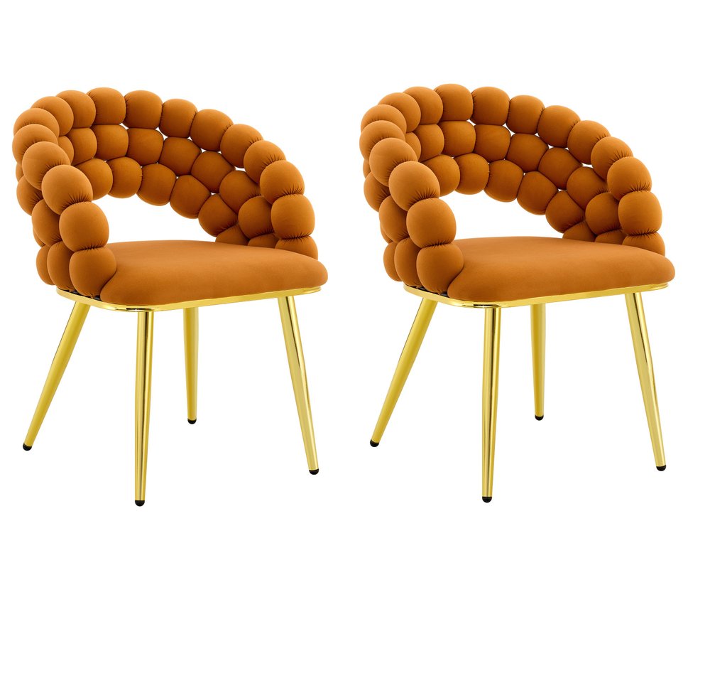 Set of Two Orange And Gold Velvet And Metal Open Back Dining Side Chairs