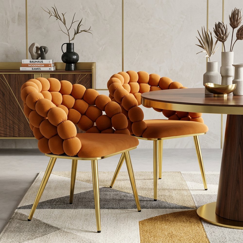 Set of Two Orange And Gold Velvet And Metal Open Back Dining Side Chairs