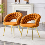 Set of Two Orange And Gold Velvet And Metal Open Back Dining Side Chairs