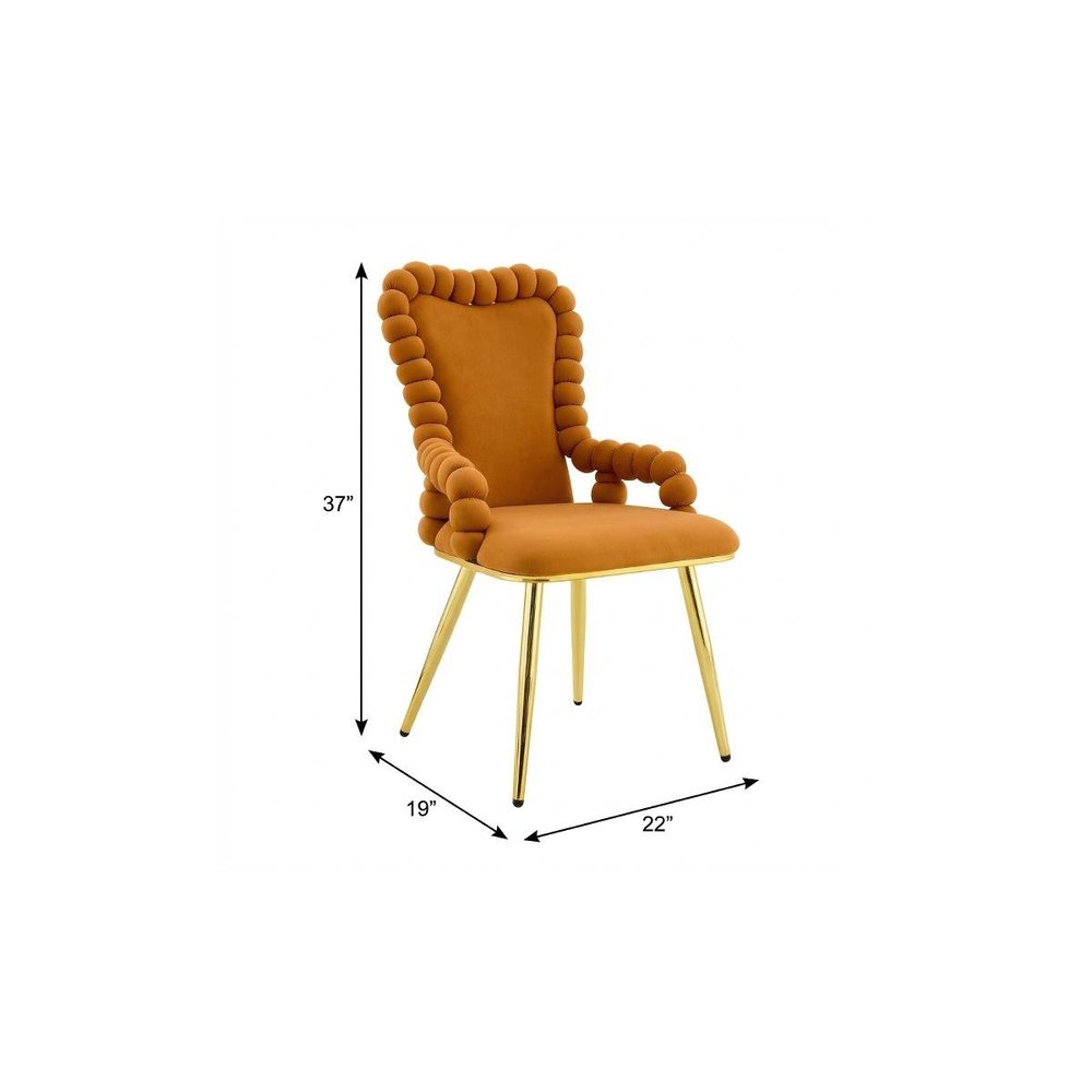 Set of Two Orange And Gold Velvet And Metal Dining Arm Chairs