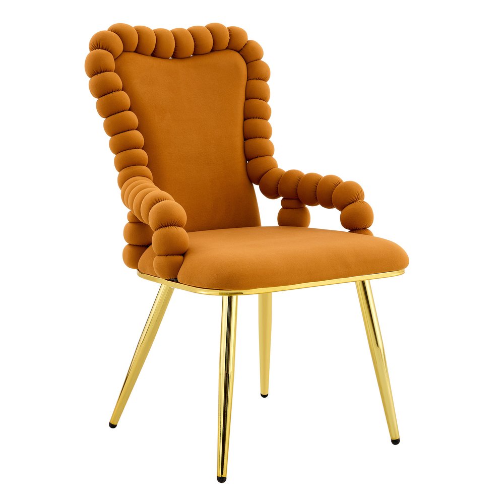 Set of Two Orange And Gold Velvet And Metal Dining Arm Chairs