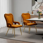 Set of Two Orange And Gold Velvet And Metal Dining Arm Chairs