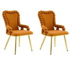 Set of Two Orange And Gold Velvet And Metal Dining Arm Chairs