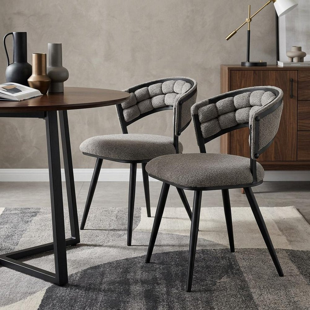 Set of Two Gray And Black Tufted Chenille And Metal Dining Side Chairs