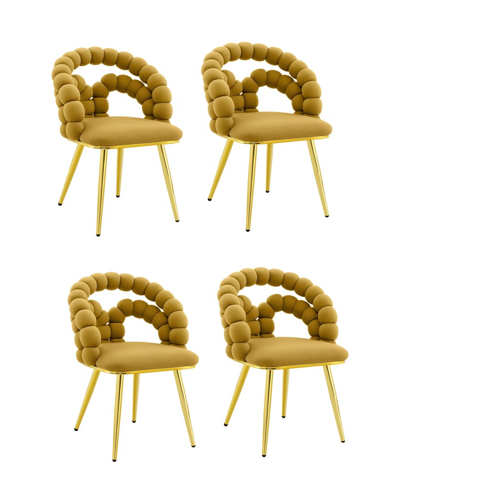 Set of Four Yellow And Gold Velvet And Metal Open Back Dining Side Chairs