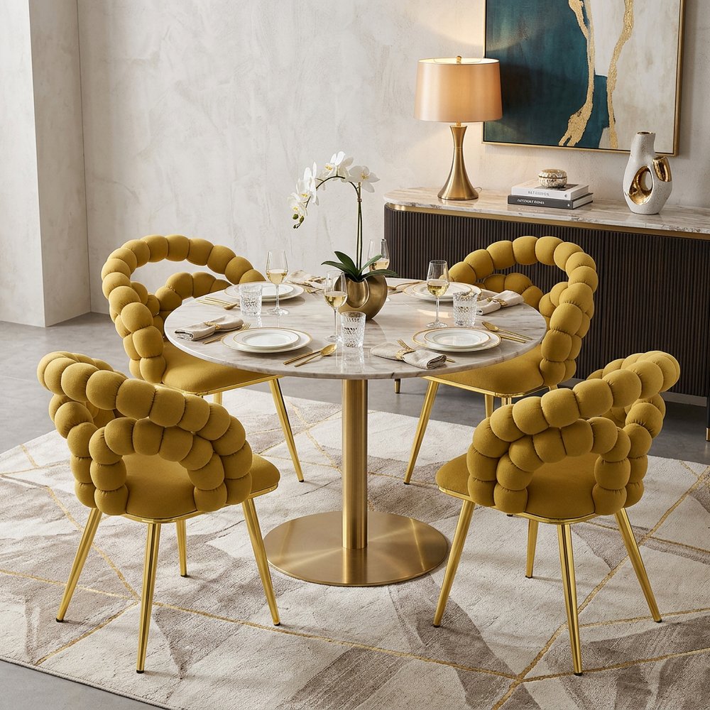 Set of Four Yellow And Gold Velvet And Metal Open Back Dining Side Chairs