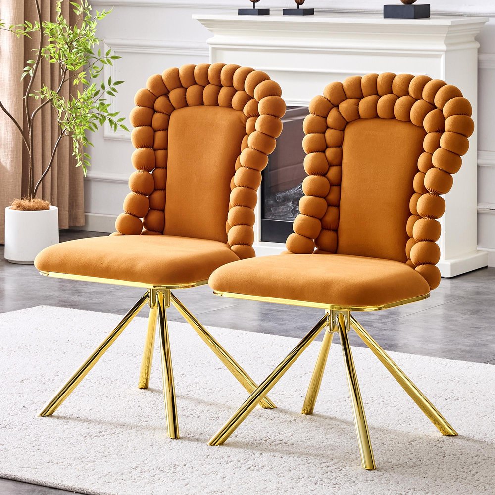 Set of Two Orange And Gold Velvet And Metal Dining Side Chairs