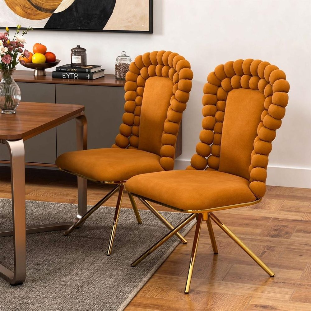 Set of Two Orange And Gold Velvet And Metal Dining Side Chairs