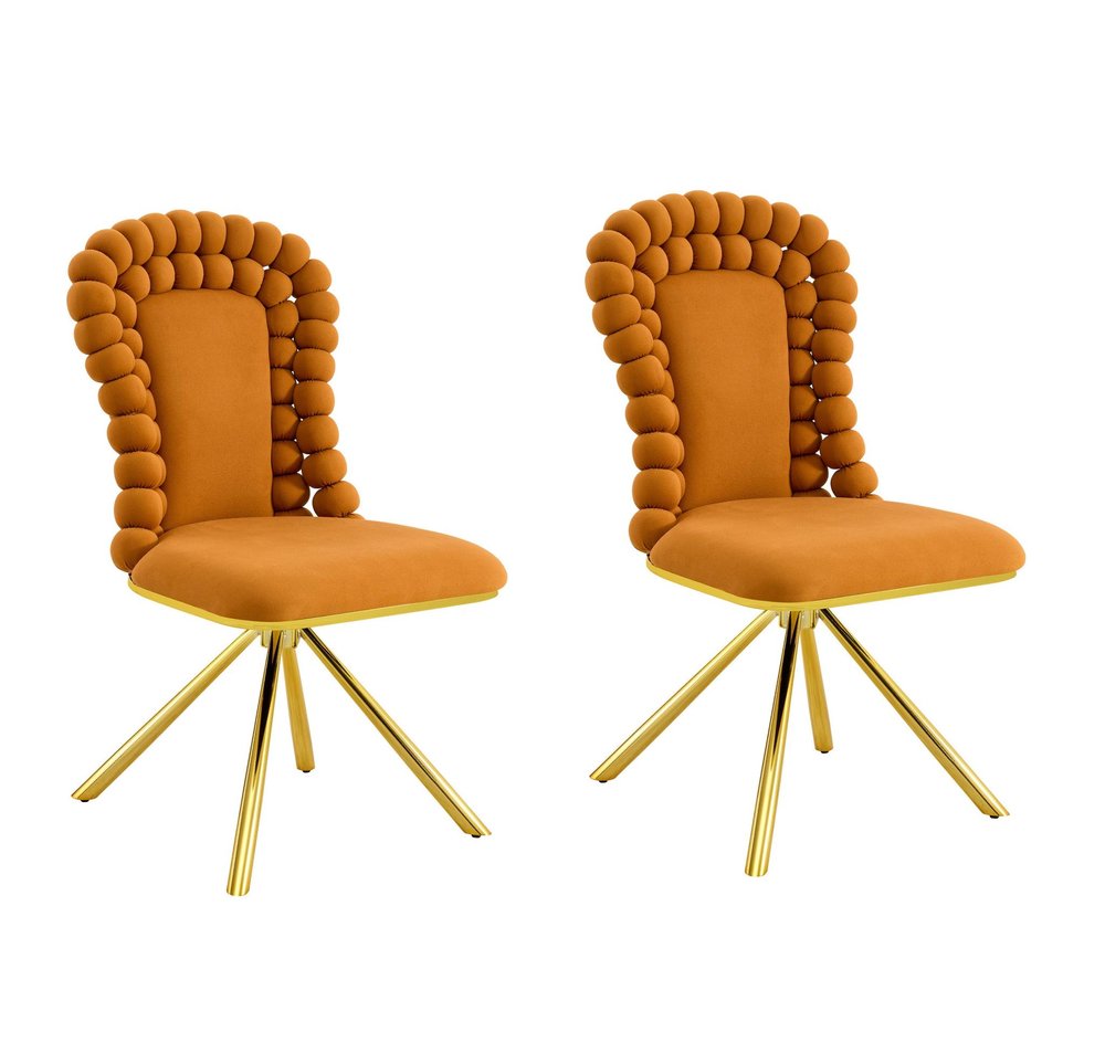 Set of Two Orange And Gold Velvet And Metal Dining Side Chairs