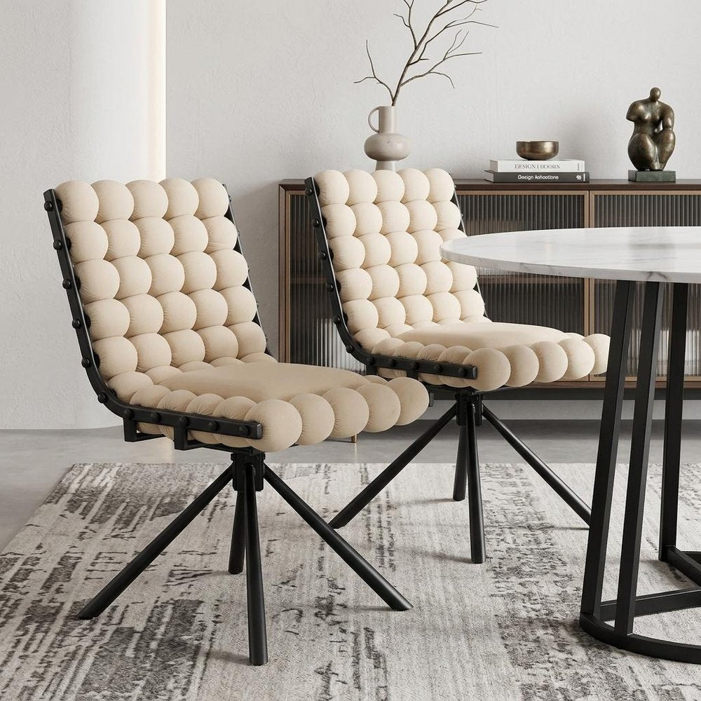 Set of Two Beige and Black Bubble Tufted Microfiber Dining Side Chairs