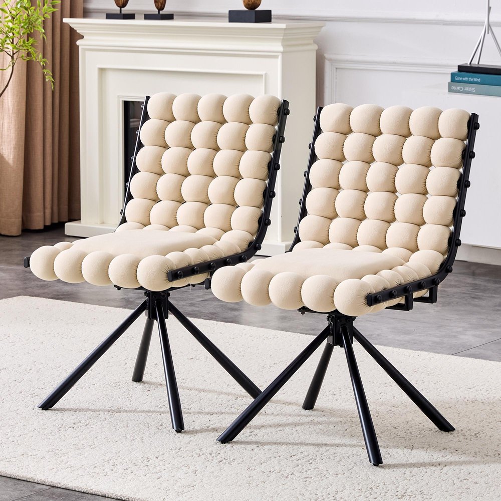Set of Two Beige and Black Bubble Tufted Microfiber Dining Side Chairs